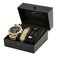 Фолио Мъжки златен тон кръг аналогов гривна часовник с пластове Гривни подарък Комплект