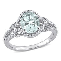 Миабела Дамски 1-КТ аквамарин & диамант 10кт Бяло Злато ореол Сплит джолан годежен пръстен