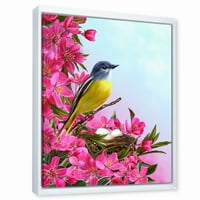 Дизайнарт 'малка жълта птичка в близост до гнездото с розови цветя'